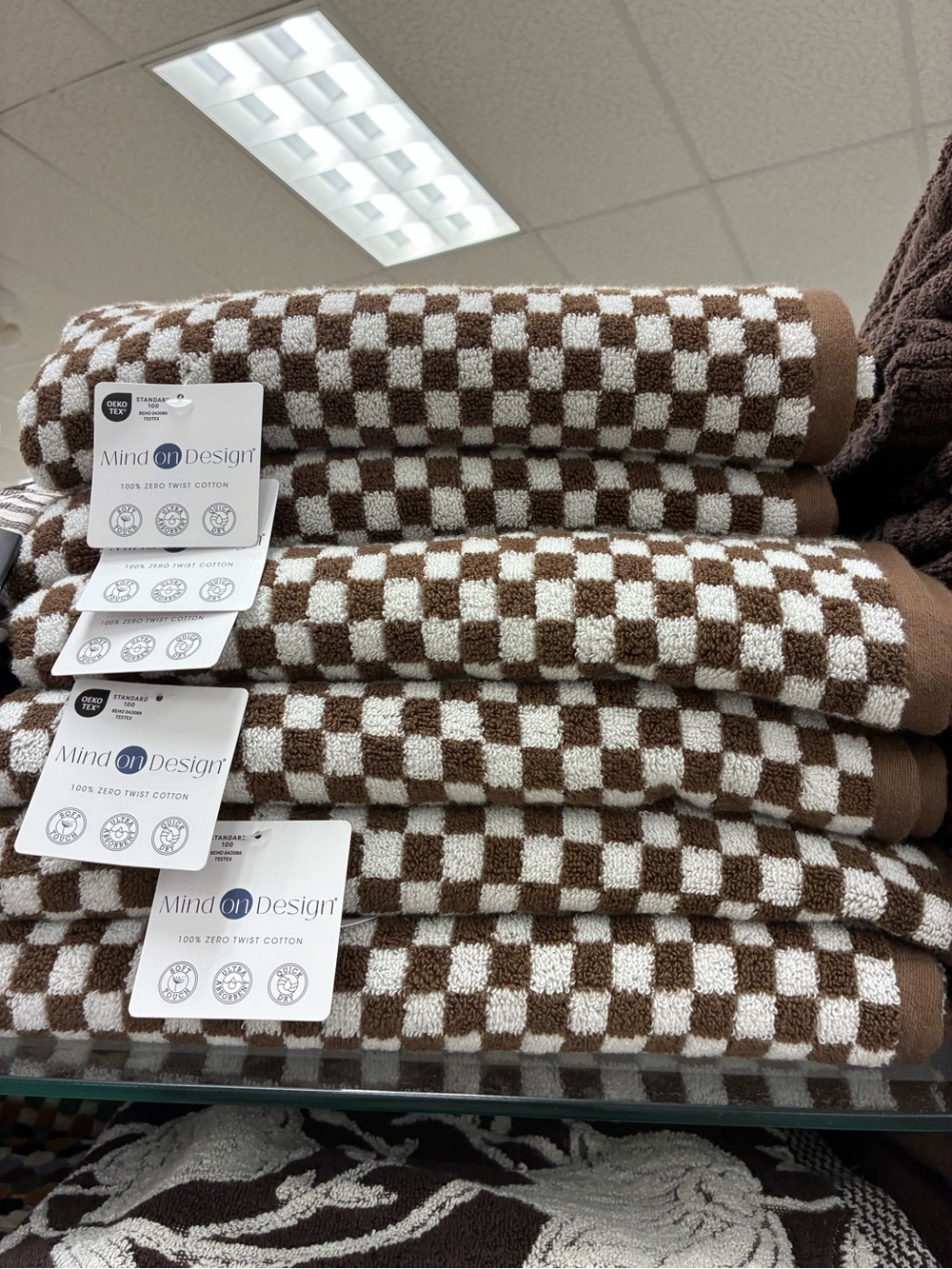 SET OF THREE-Brown & White Check Cotton Bath Towels